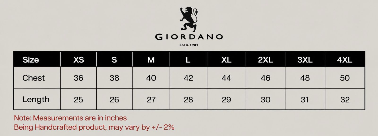 Giordano Size Chart — XS to 4XL, Chest and Length in inches
